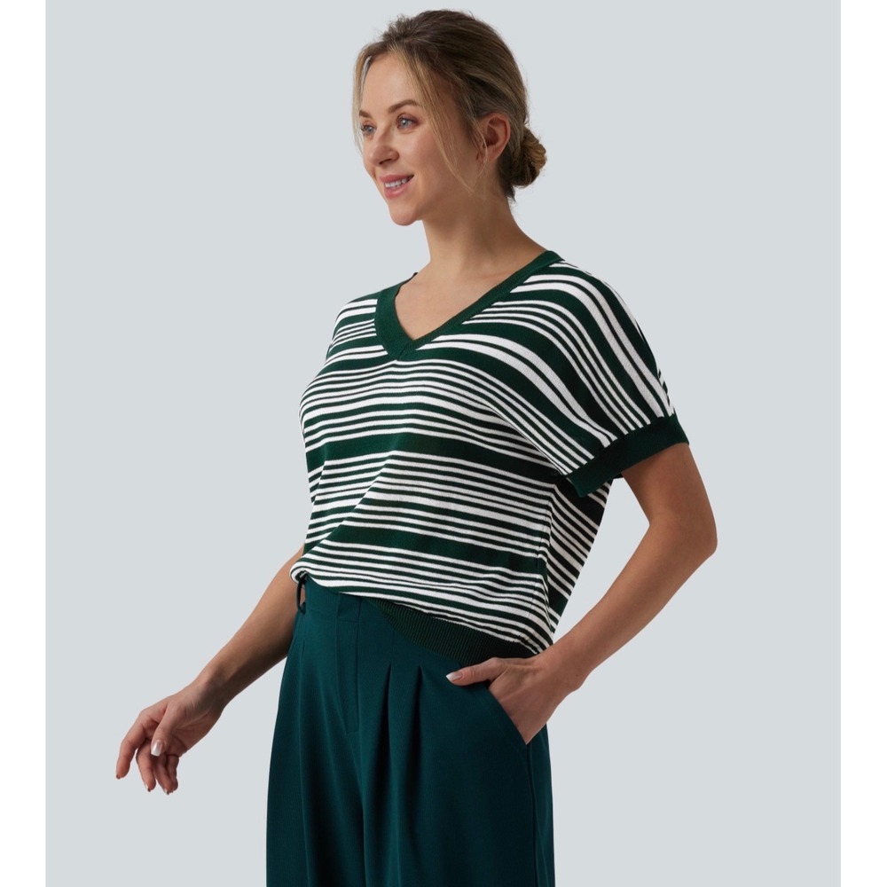 Halara Womens Green White Stripe V Neck Short Sleeve Knit T-Shirt Size M NEW